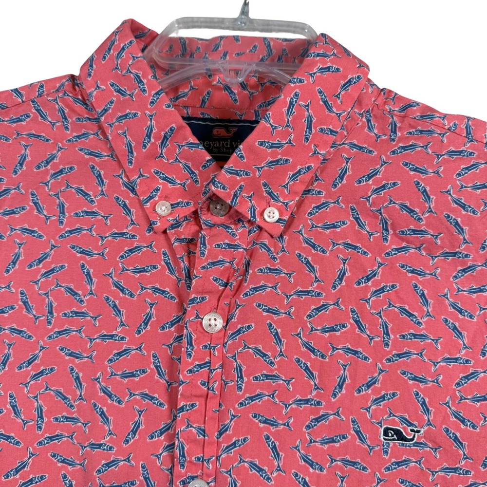 Vineyard Vines Button Down Men Large Pink Slim Fit Whale Shirt Fish Print Short